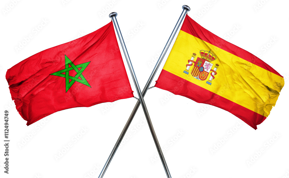 Wall mural Morocco flag with Spain flag, 3D rendering