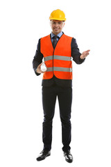 Engineer in vest and helmet holding blueprint isolated on white