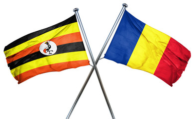 Uganda flag with Romania flag, 3D rendering