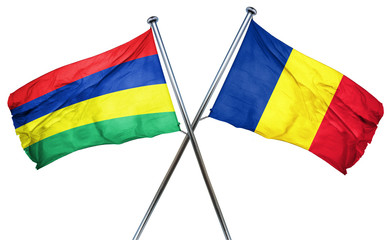 Mauritius flag with Romania flag, 3D rendering