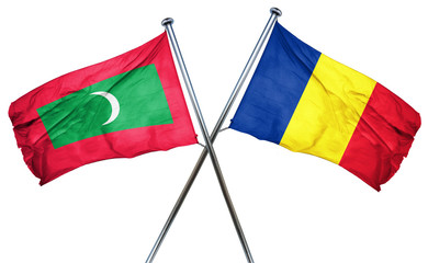 Maldives flag with Romania flag, 3D rendering
