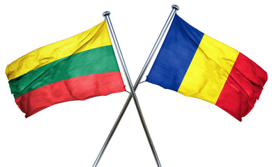 Lithuania flag with Romania flag, 3D rendering