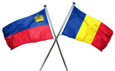 Liechtenstein flag with Romania flag, 3D rendering