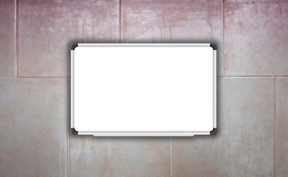 Blank white baord on ceramic tiles wall texture background