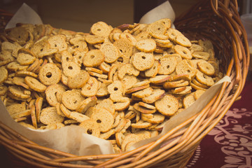 Vintage photo, Bagel chips in wicker basket