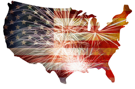 USA Flag with Fireworks Map Grunge Background