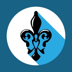 Fleur de lis symbol with long shadow. French lily icon blue color