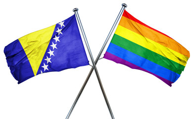 Bosnia and Herzegovina flag with rainbow flag, 3D rendering