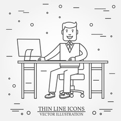 Businessman in the office working on the computer. For web design and application interface, also useful for infographics. Vector dark grey.  Vector illustration. Thin line icon.