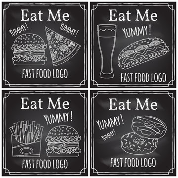 Eat me. Elements on the theme of the restaurant business.  Chalk drawing on a blackboard. Logo, branding,  logotype,  badge  with a  burger, hot dog,  fries, pizza, beer and donuts. 