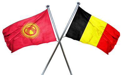 Kyrgyzstan flag with Belgium flag, 3D rendering