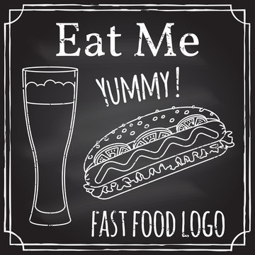 Eat me. Elements on the theme of the restaurant business.  Chalk drawing on a blackboard. Logo, branding,  logotype,  badge  with a  hot dog and beer.  Fast food symbol. Vector illustration.