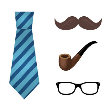 Set of flat icon tie, glasses, smoking pipe and mustache . For Father's Day creating card web design and application interface, also useful for infographics. Vector illustration.