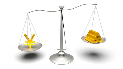 Scales measuring golden currencies