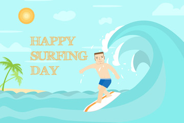 Happy surfing day flat design. The man surfing on the ocean. For web design and application interface, also useful for infographics. Vector illustration.