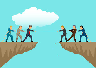 Businessmen teamwork in tug of war