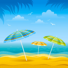Fototapeta na wymiar Beach background with blue sea and stripped beach beach umbrellas.