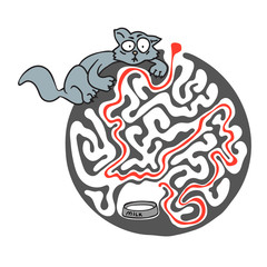 Maze puzzle for kids with cat and milk. Labyrinth illustration, solution included.