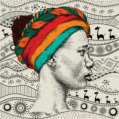 Girl girl with a turban on African hand-drawn ethno pattern, tribal background. Beautiful black woman. Profile view. Hand draw vector illustration