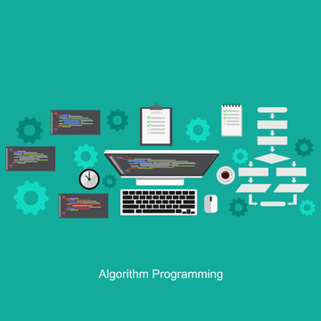 Algorithm programming concept. Flat design illustration concepts for analysis, working, brainstorming, coding, programming, and planning.
