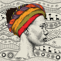 Girl girl with a turban on African hand-drawn ethno pattern, tribal background. Beautiful black woman. Profile view. Hand draw vector illustration - 112509536