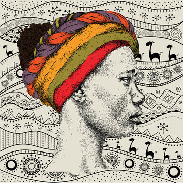 Girl girl with a turban on African hand-drawn ethno pattern, tribal background. Beautiful black woman. Profile view. Hand draw vector illustration