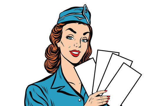 Girl Retro Stewardess With White Forms Brochure Ticket