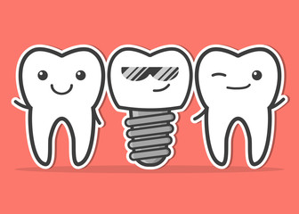 Cartoon dental implant and teeth.
