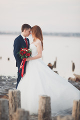 Beautiful young wedding couple, bride and groom posing near wooden poles on the background sea