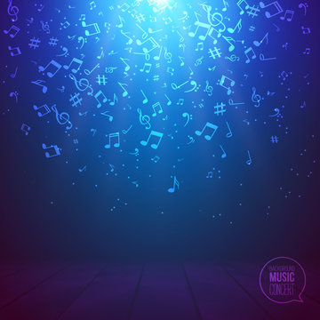 Vector abstract musical background with musical notes on illuminated stage and spotlight