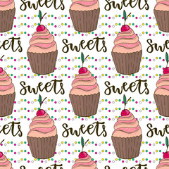 Vector cupcakes seamless pattern. Doodle background with sweets cakes. Birthday decoration