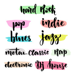 Music styles typographic set with hand lettering. Vector modern lettering collection