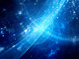 Blue glowing space bubble with squares technology background