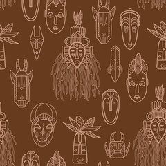 Hand drawn african masks. Seamless vector pattern.