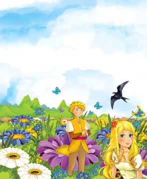 Cartoon scene of fairy prince and princes or king and queen - illustration for children
