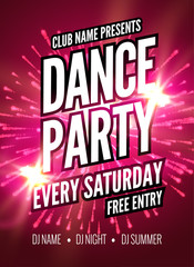 Dance Party Poster Template. Night Dance Party flyer. Club party design template on dark colorful background. Club free entry 