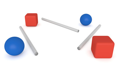 disconnection - blue spheres and red cubes, 3d illustration