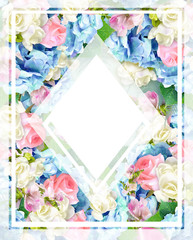 Beautiful postcard template with hydrangea and rose flower with place for text.