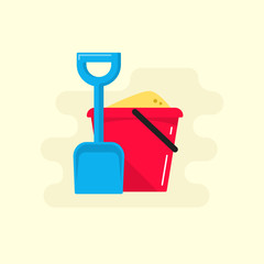 Bucket and spade with sand vector illustration flat icon isolated, kid toys tools symbol, pail shovel label, bucket and spade modern design banner, sandbox place sign ribbon design concept