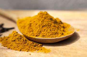 Indian spices on the wooden spoon
