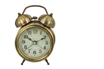 old vintage gold alarm clock isolated on white background with copy space, clipping path