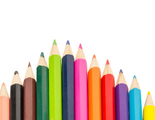 multicolor pencil isolated on white background with copy space, focus on green one