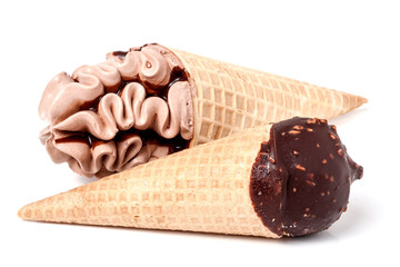 two cones of ice creams with chocolate isolated white background