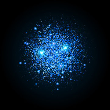 Shiny particles shape. Sparkling background. Stardust explosion on black background. Vector festive illustration