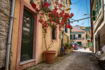 Fototapeta na wymiar Along the narrow streets of the island of Paxos, Ionian Sea, Greece