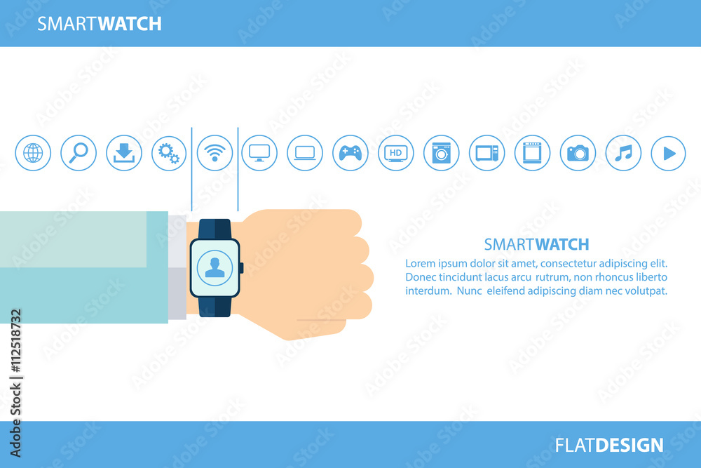 Poster smart watch and internet of things concept. smart watch and smart home devices icons. consumer and c