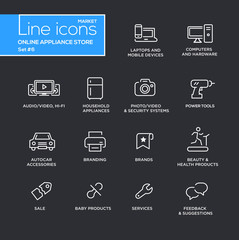 Online appliance store line design pictograms set