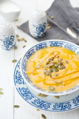 Pumpkin cream soup with sunflower seeds
