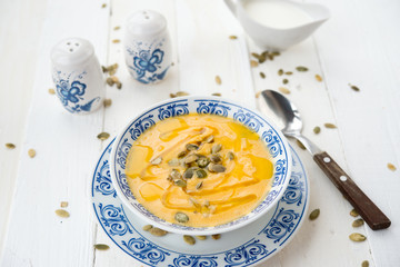 Pumpkin cream soup with sunflower seeds
