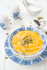 Pumpkin cream soup with sunflower seeds
